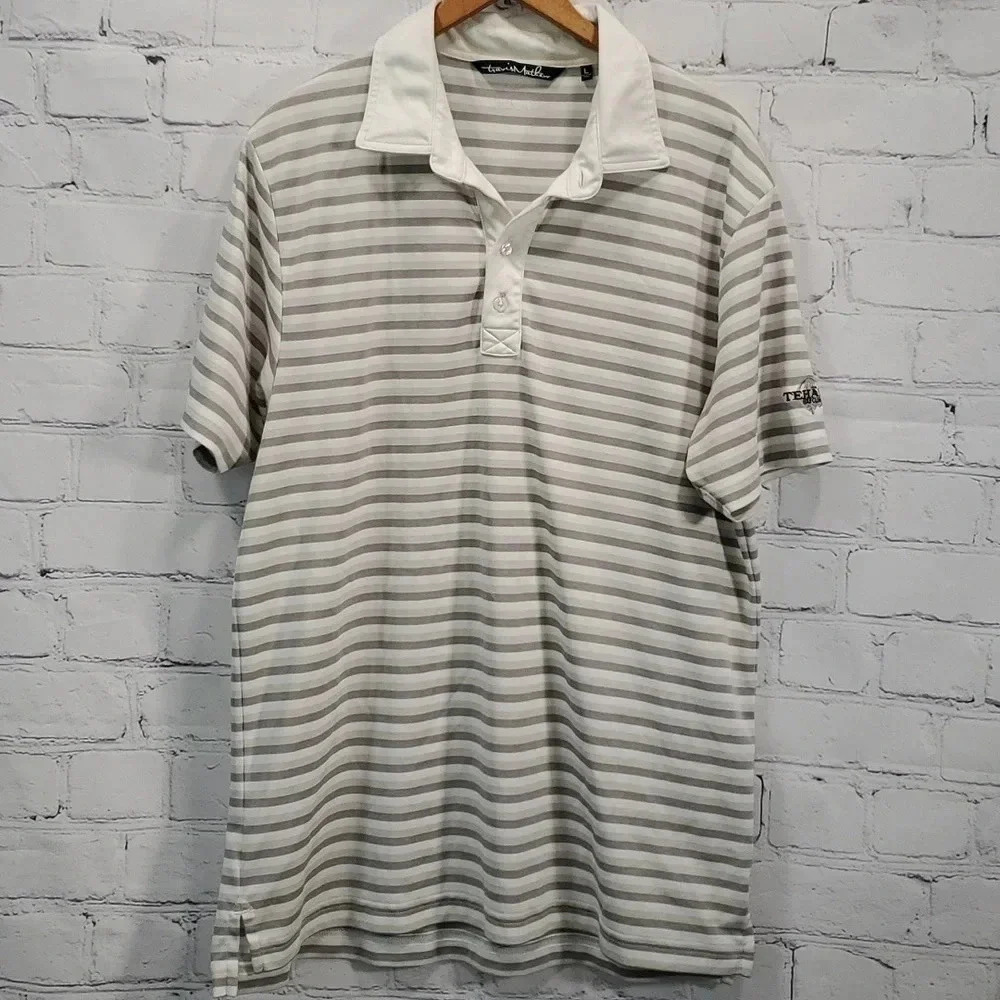 Travis Mathew Mens Size Large White Grey Striped Summer Comfort Golf Polo